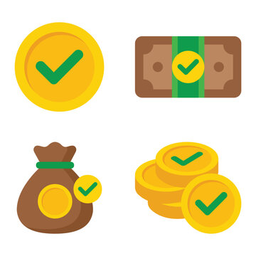 Set of flat style financial icons with green checkmarks depicting currency savings and investment success currency investment banknote business accounting transaction marketing commercial