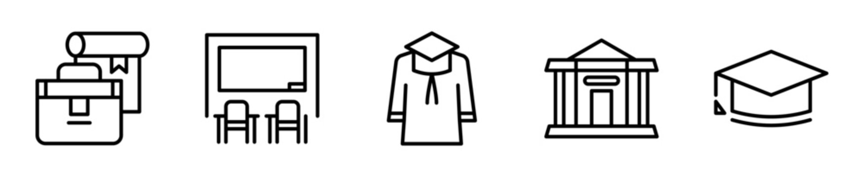 Set de 5 iconos de universidad y carrera con edificio y birrete. Vector outline