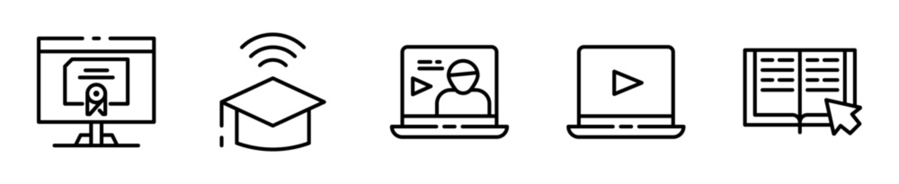 Set de 5 iconos de educaci&oacute;n online con laptop y certificado digital. Vector outline