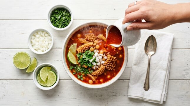 A person pouring red salsa into a bowl of traditional Mexican menudo tripe soup.