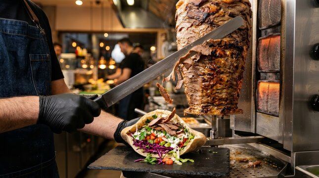 Close action shot of a chef slicing cooked doner kebab meat from a vertical roasting machine.