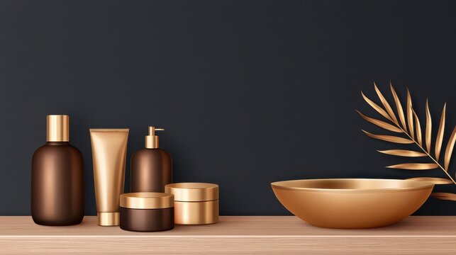 Sophisticated luxury beauty products on wooden surface with golden leaf accent against dark background