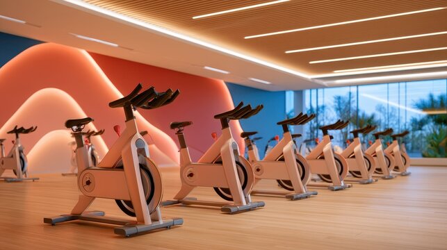 Row of stationary bikes in modern spin studio with warm mood lighting and curved orange wall