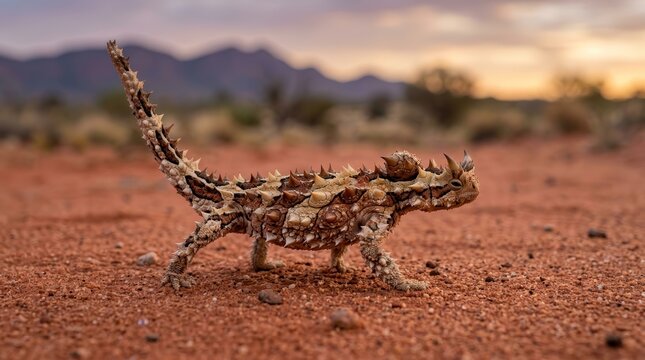A textured thorny devil lizard with scales and thorns on red sand in the Australian desert at twilight.