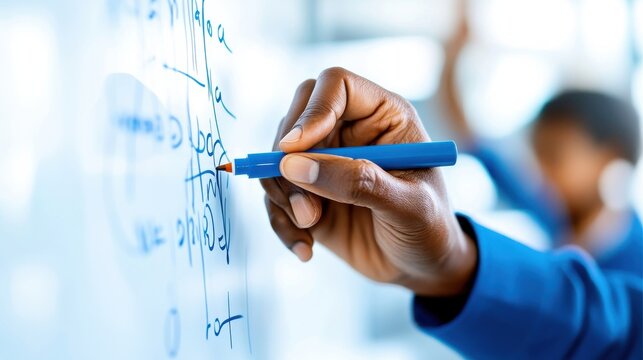 Teacher hands writing math equations on whiteboard with blue marker