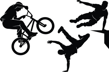 Fototapeta premium Dynamic extreme sports silhouette set featuring a BMX bike rider, parkour athlete jumping, and urban breakdancer