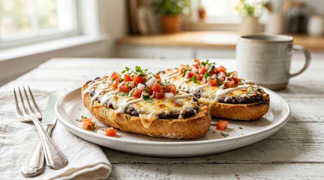 Delicious broiled Molletes featuring refried beans, melted cheese, and tomato salsa on toasted bread.