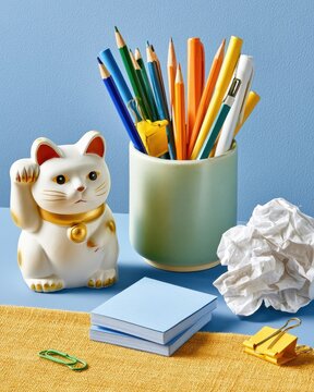 Desk setup with colorful stationery, pen holder, pencils and a lucky cat figurine on blue background