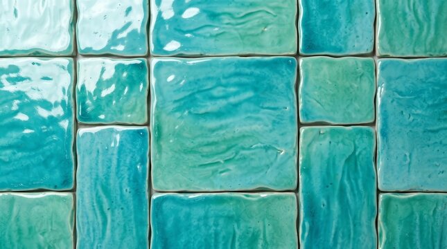 Close up overhead view of handmade turquoise zellige tiles with glazed texture.