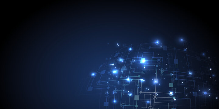 Abstract background with technology circuit board texture. Artificial intelligence electronic board. Communication and engineering concept.