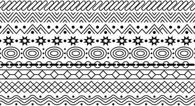 Monochrome geometric seamless border set with ethnic boho ornaments geometric ornament seamless monochrome decoration abstract backdrop wallpaper ornamental creative traditional artistic