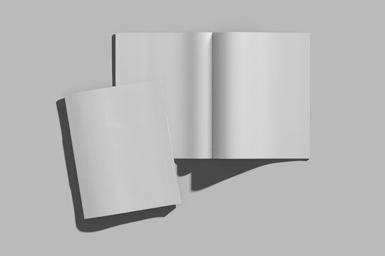 blank letter size editorial workbook cover and spread pages realistic mockup template 3d render isolated top view with hard shadows