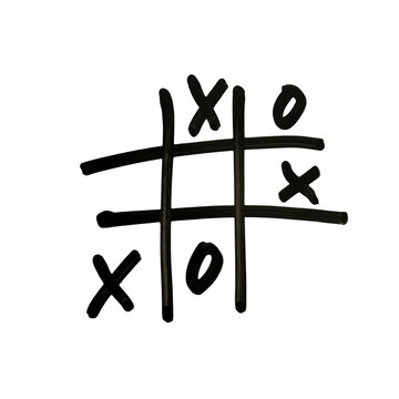 Hand drawn tic tac toe game board with x and o marks sketched in black ink on a simple flat surface