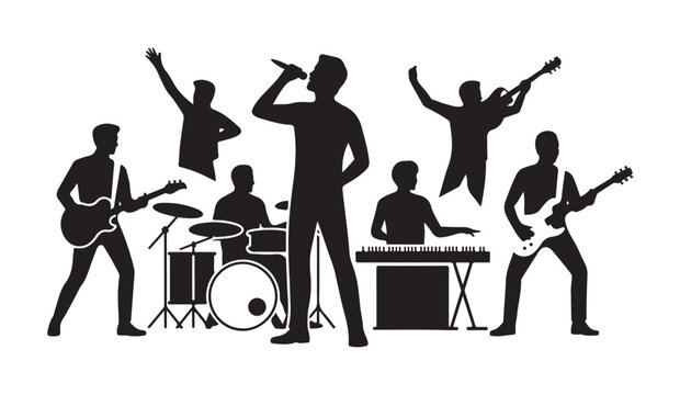 Silhouette collection of rock band performing on stage with singer guitarist drummer and keyboardist vector.