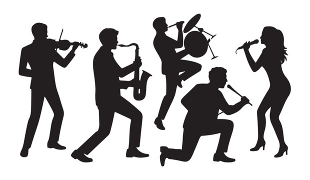 Jazz musicians silhouettes including saxophonist violinist drummer and vocalists for music festival vector.
