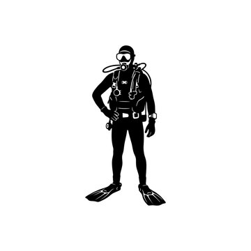 Professional scuba diver standing confidently, full-body pose wearing complete scuba gear including mask, regulator, BCD, fins, air tank, and gloves, relaxed stance, monochrome solid black silhouette,