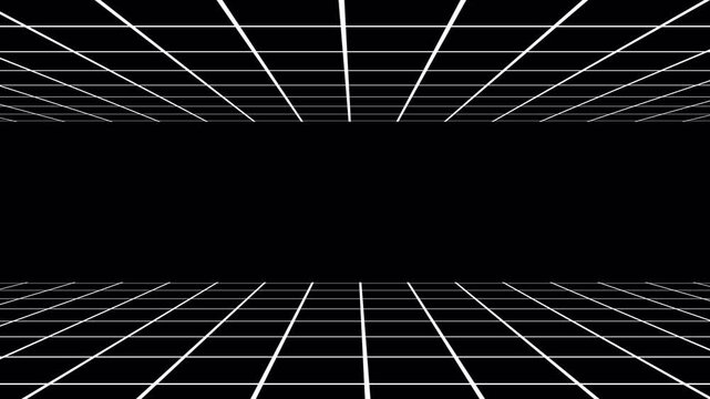 Colourful grid perspective lines floating in dark space. Bright neon shining line loop for science fiction technology concept. Moving grid of futuristic tunnel forming retro sci-fi corridor smoothly.