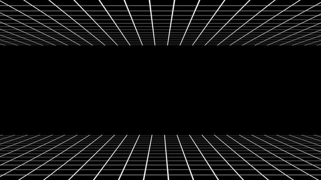Colourful grid perspective lines floating in dark space. Bright neon shining line loop for science fiction technology concept. Moving grid of futuristic tunnel forming retro sci-fi corridor smoothly.
