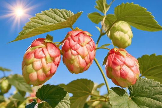 Close up of fresh green hop cones on bine backlit by warm sunlight against blue sky