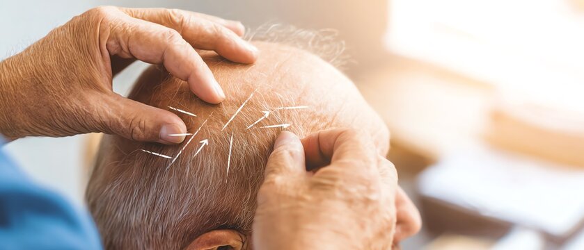 Acupuncture treatment on an elderly person's scalp.