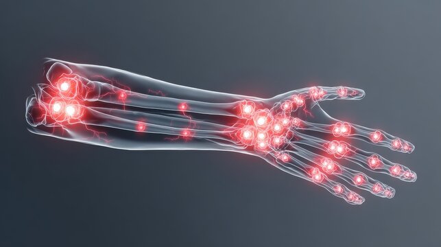 Flat vector illustration of x-ray view of human forearm showing clean radius fracture with glowing red pain points, labeled bones on transparent background