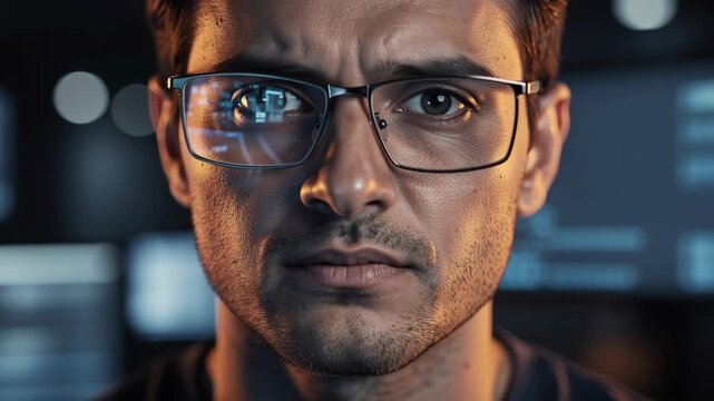 Focused programmer analyzing complex data on multiple computer screens in a modern office environment