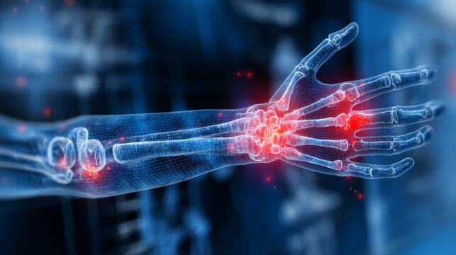 Vector medical chart with arm fracture focus, zoomed-in radius bone break with pain indicator, blue x-ray tones and red inflammation glow