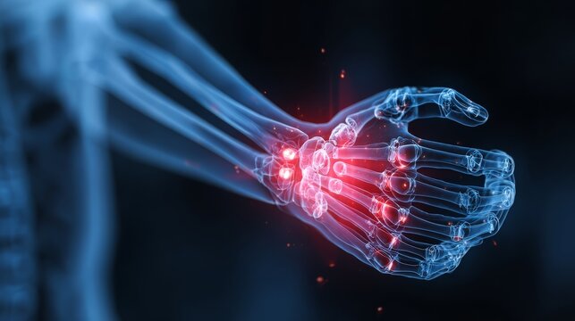 Vector medical chart with arm fracture focus, zoomed-in radius bone break with pain indicator, blue x-ray tones and red inflammation glow