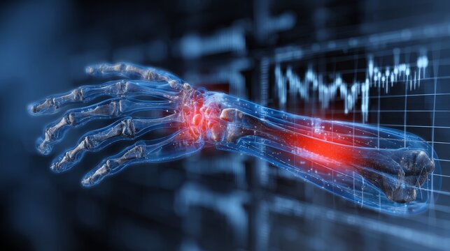 Vector medical chart with arm fracture focus, zoomed-in radius bone break with pain indicator, blue x-ray tones and red inflammation glow