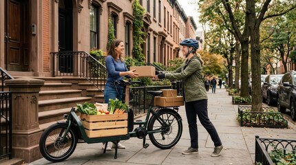 Obraz premium Female customer receives a delivery package from a courier on brownstone steps in the city.