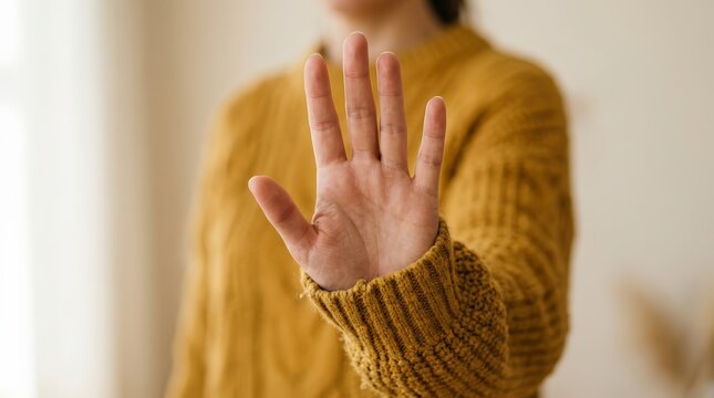 Outstretched hand signaling stop or refusal for boundary setting in a yellow sweater.