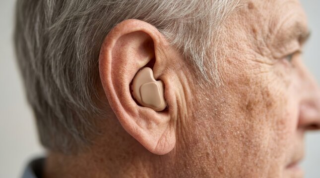 Close-up of a modern beige hearing aid in the ear of a senior man for daily hearing care.