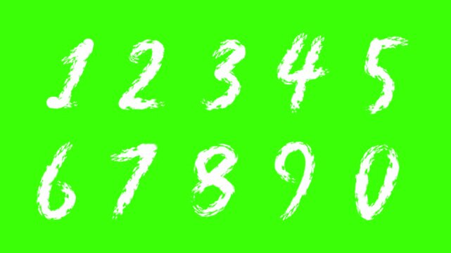 Hand drawn white brush stroke numbers 0-9 animation pack, handwritten mathematical digits collection compilation on green screen
