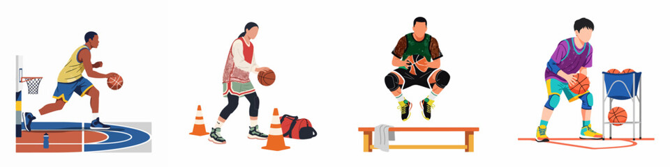 Fototapeta premium Diverse collection of flat illustrations depicting basketball players engaged in various training drills, dribbling exercises, and skill development activities on a court.