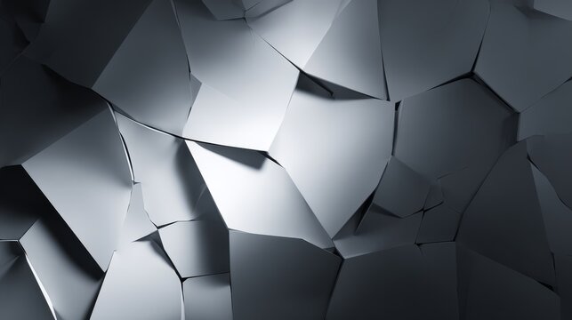 Pentagon shape breaking into angular shards, minimalist vector style with sharp edges and gradient tones from light to dark gray