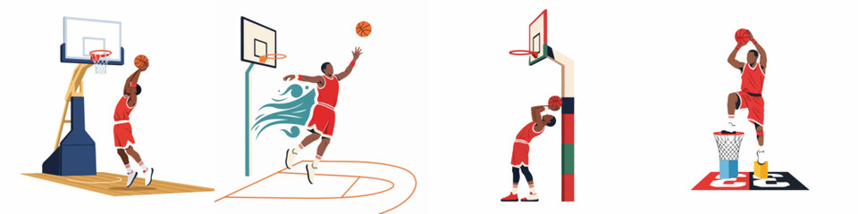 Set of flat vector illustrations featuring a professional basketball player in red uniform jumping, shooting, and dunking in various athletic poses. © Muqodimatul