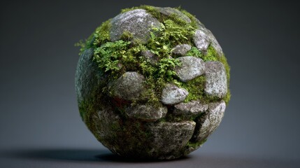 Fototapeta premium Decorative garden stone covered in moss, front-view with subtle shading and realistic texture blending green and gray hues