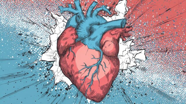 Heart icon with comic book tears and cracks, blue and red tone contrast, layered explosion lines and halftone shading