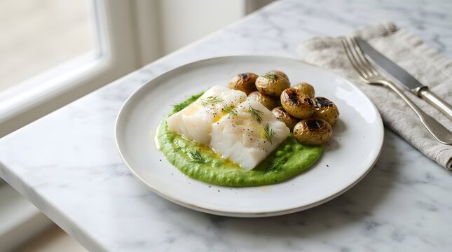Poached white fish fillet on green pea puree with roasted potatoes on a white marble table