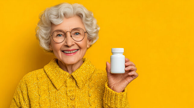 A smiling elderly woman with gray curly hair and glasses wears a bright yellow knitted sweater, holding a white medicine bottle against a solid vivid yellow background.

