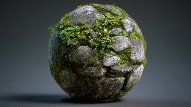 Decorative garden stone covered in moss, front-view with subtle shading and realistic texture blending green and gray hues
