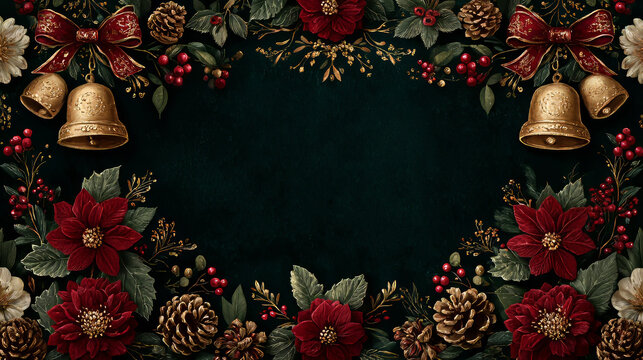 This vintage Christmas decorative border frames a deep dark green empty space, adorned with red poinsettias, pinecones, golden bells, red berries, holly leaves, red bows and gilded foliage