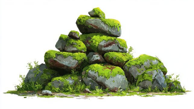 Group of mossy rocks arranged in pile, different shapes and green coverage levels, vector art with nature detail emphasis