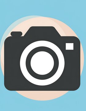 Minimalist black and white camera icon on blue background.