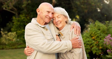 Fototapeta premium Love, trust or old couple in park with hug, partner comfort or bonding together in connection. Tender, smile or senior people outdoor with embrace, happy moment or romantic relationship in retirement