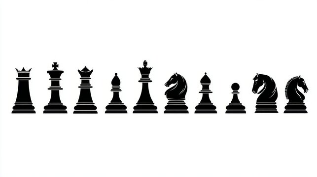 Clean vector illustration of full chess set silhouettes including king, queen, rook, knight, bishop, and pawn aligned in a row, black icons on white background