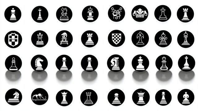 Set of vector chess icons arranged in circular pattern, black and white theme, flat design with modern visual balance