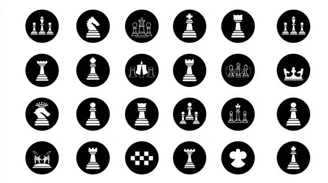 Set of vector chess icons arranged in circular pattern, black and white theme, flat design with modern visual balance