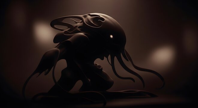 Dark surreal creature with smooth organic curves and one glowing eye standing in a mysterious dimly lit environment rendered in a cinematic 3d art style