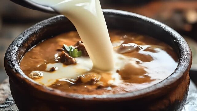 Cream poured into stew in a rustic ceramic bowl